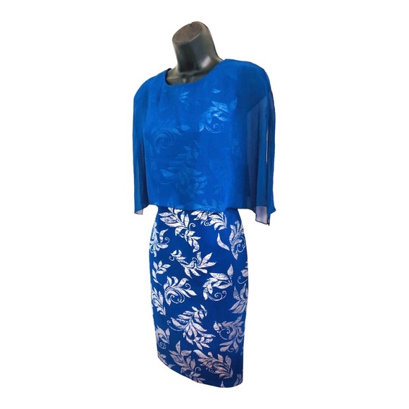 EnFocus studio blue sheer veil cape silver foil print sheath dress size 8P new - Picture 13 of 16